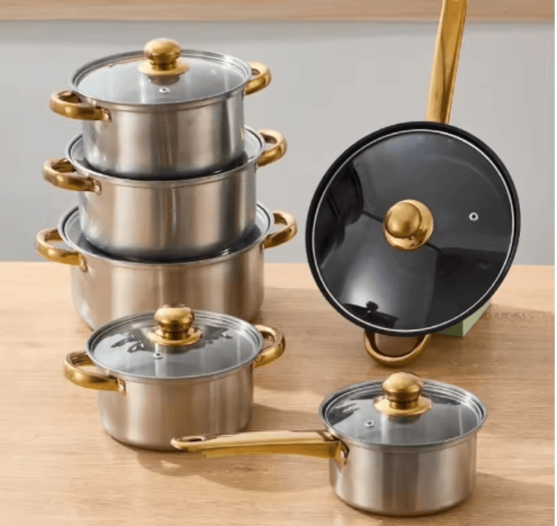 Stainless Steel Cookware Set 12PCS with gold handles and glass lids, ideal for induction cooking and versatile kitchen use.