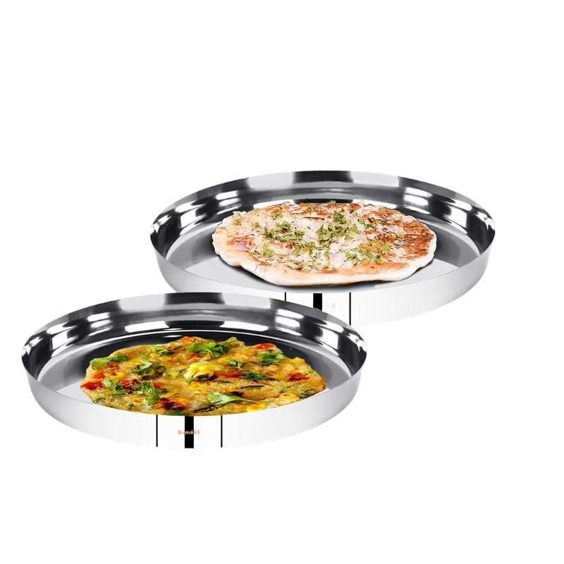 Set of two 27 cm stainless steel plates with mirror finish, shown serving food, perfect for stylish and durable tableware use.