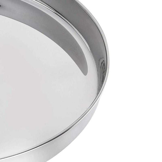 Close-up of Stainless Steel Heavy Gauge Dinner Plate showing smooth edges and reflective surface. Compact and easy to clean for kitchen use.