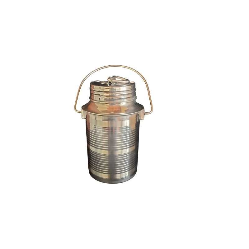 Stainless Steel Milk Thooku Can 2L with jointless design and sturdy handle, ideal for hygienic milk storage and transport in kitchens or dairies.