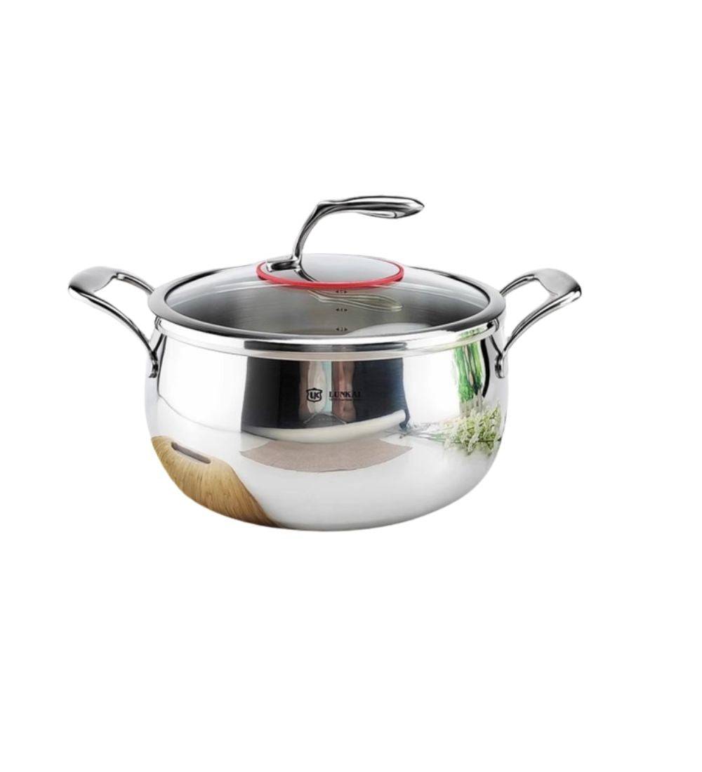 Stainless steel cooking pot with glass lid, featuring a reflective finish and sturdy handles. Ideal for all cooktops with even heat distribution.