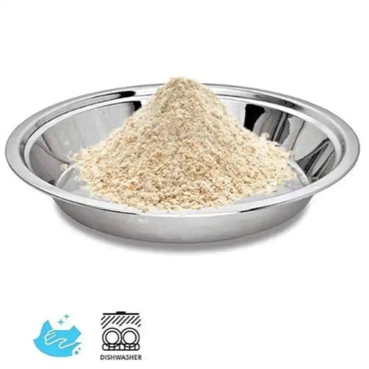 Lightweight stainless steel snack plate filled with flour, dishwasher safe and food grade, ideal for serving or mixing in the kitchen.