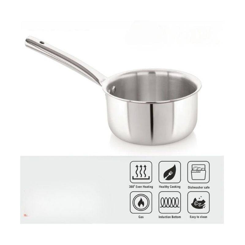 Stainless Steel Saucepan with induction bottom and cooking icons showing compatibility with gas, induction, and dishwasher-safe features.