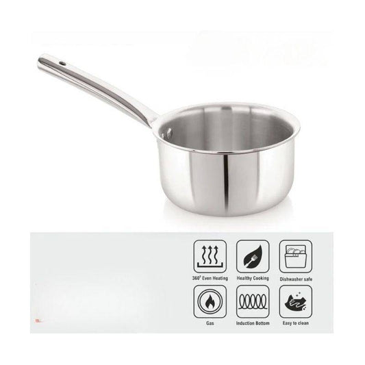 Stainless Steel Saucepan with induction bottom and cooking icons showing compatibility with gas, induction, and dishwasher-safe features.