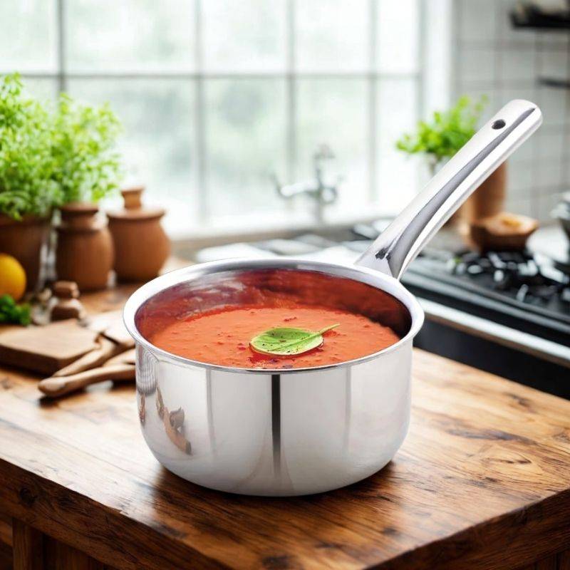 Induction Stainless Steel Saucepan filled with tomato sauce on a wooden kitchen counter. Perfect for gas, electric, and induction cooking.