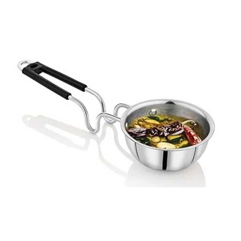 Stainless Steel Seasoning Pan filled with sizzling spices, showcasing its deep bowl design and suitability for tadka and flavor infusions.