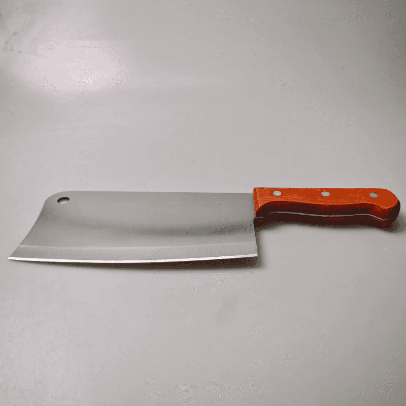 Sharp and durable 12" stainless steel butcher knife with triple-riveted wooden handle, designed for professional meat cutting tasks.