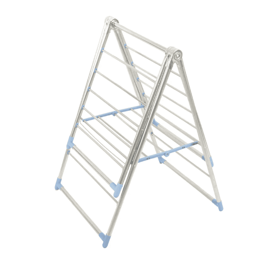 Compact foldable stainless steel cloth drying rack in A-frame position. Space-saving design for efficient indoor laundry drying.