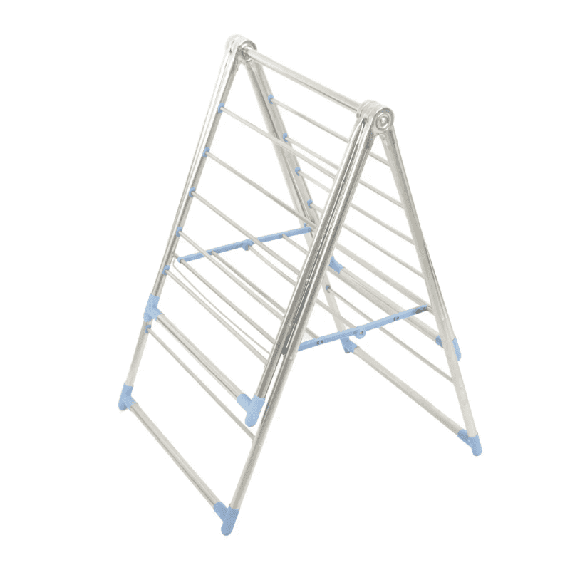 Compact foldable stainless steel cloth drying rack in A-frame position. Space-saving design for efficient indoor laundry drying.