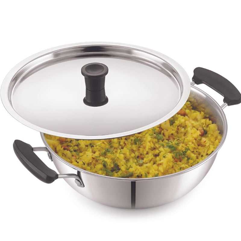 Stainless Steel Kadai 22 cm for Home & Pro Kitchens filled with cooked yellow rice, featuring black handles and a matching lid.