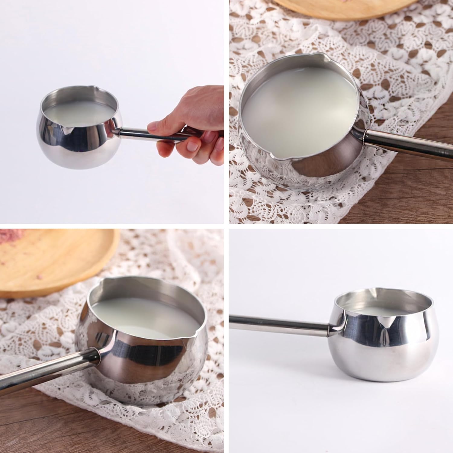 Mini Stainless Steel Measuring Melting Pot | Bamagate.com displayed in multiple angles with milk inside, perfect for small-batch cooking and melting tasks.