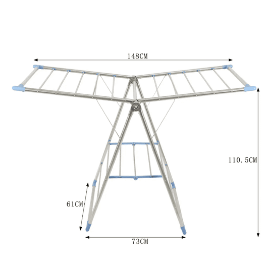 Foldable stainless steel drying rack with dimensions labeled. Measures 148cm wide, 110.5cm tall, and 73cm deep when fully extended.