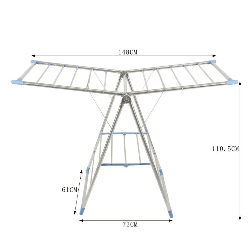 Foldable stainless steel drying rack with dimensions labeled. Measures 148cm wide, 110.5cm tall, and 73cm deep when fully extended.