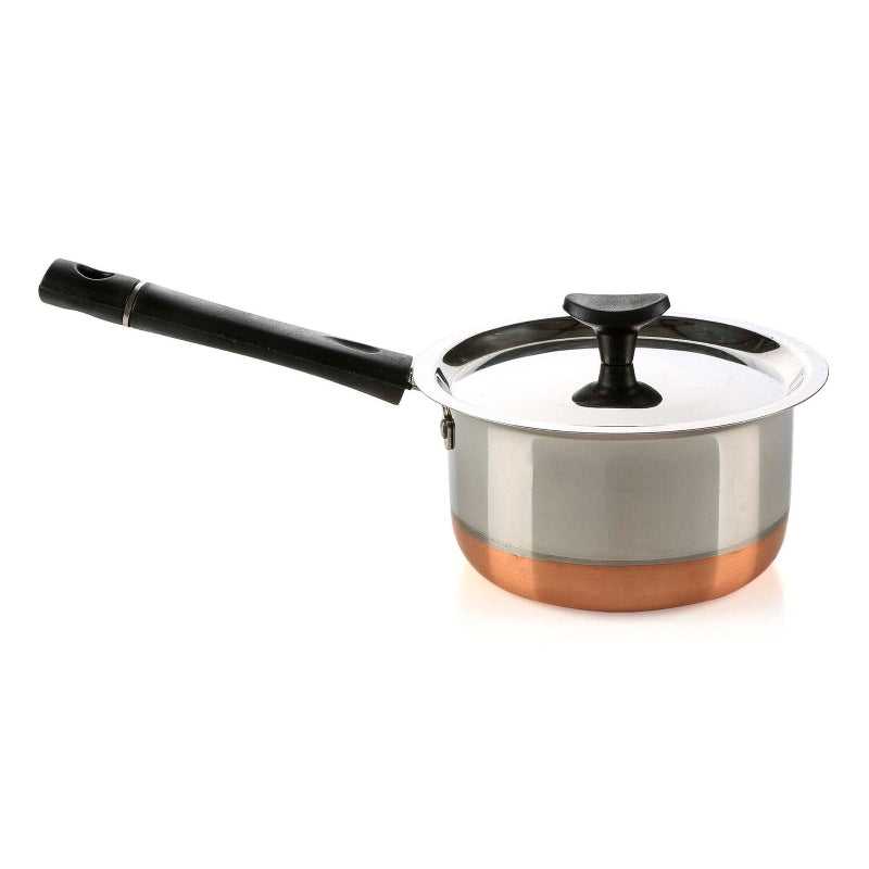 LEVEL Stainless Steel Saucepan 16 cm with lid on, featuring a long black handle and copper bottom for reliable cooking performance on all stovetops.