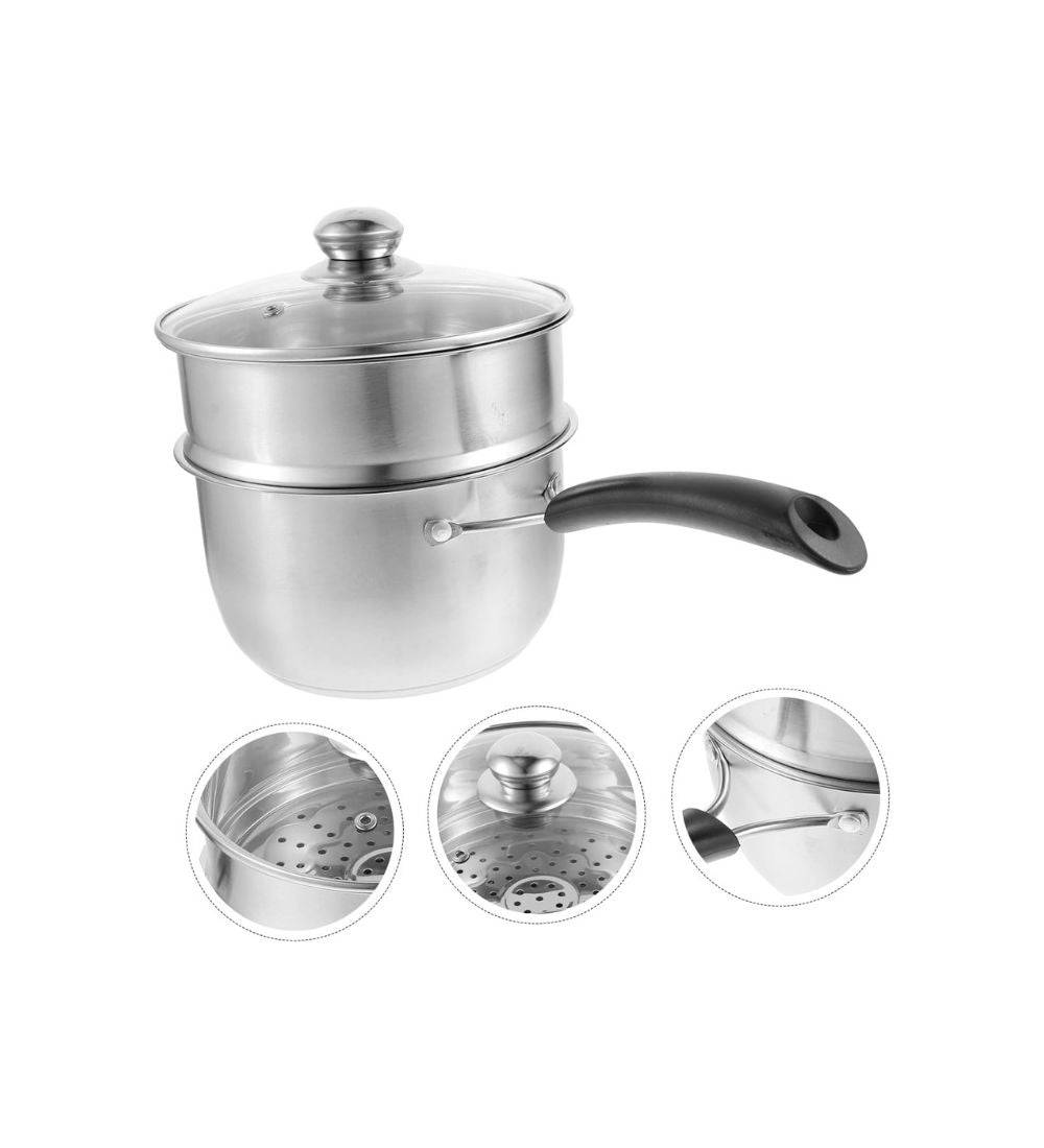 Stainless steel double-layer steaming pot saucepan with a heat-resistant handle and glass lid. Features a perforated insert for efficient steaming.