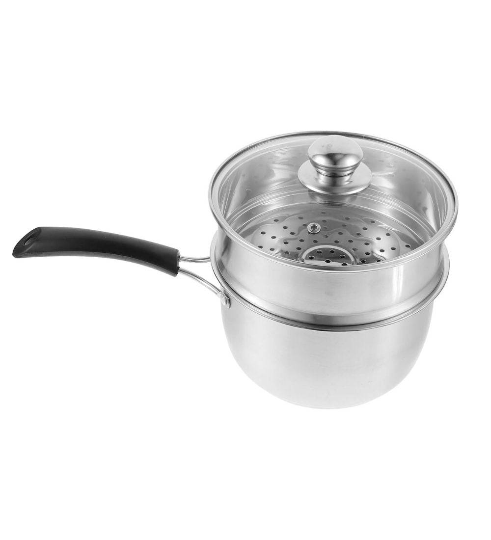 Double-layer steaming pot saucepan with stainless steel construction and a glass lid. Ideal for healthy cooking, preserving nutrients, and locking in flavor.