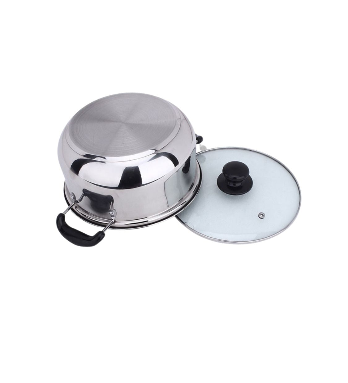 Stainless steel cooking pot with induction base and double handles, accompanied by a glass lid with a black knob. Ideal for versatile cooking on various stovetops.