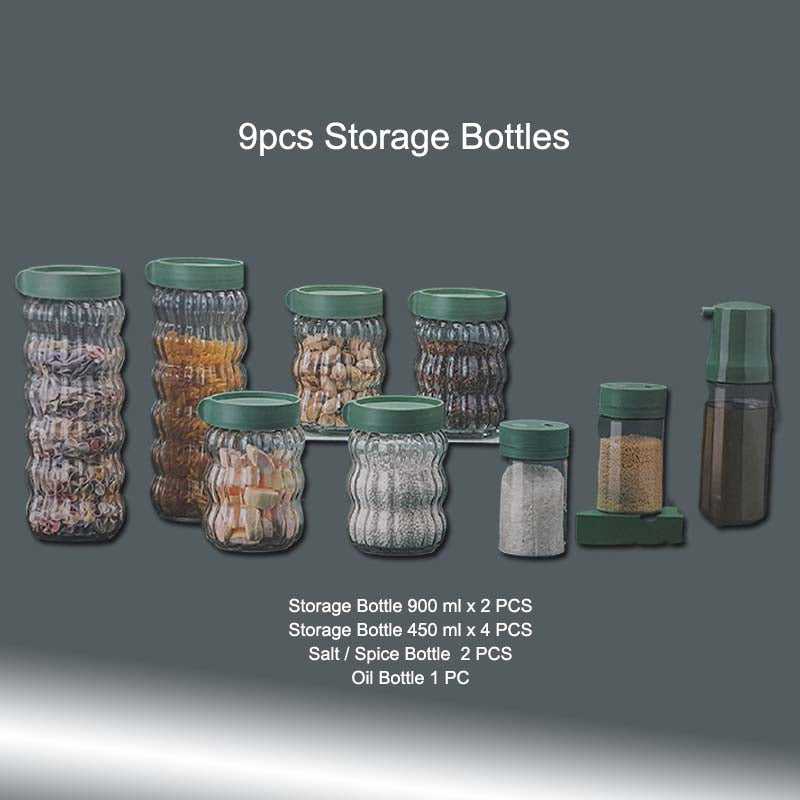9 PCS Glass Storage Bottles Gift Pack with airtight green lids for kitchen use, ideal for organizing dry food and spices. Available at Bamagate.com.
