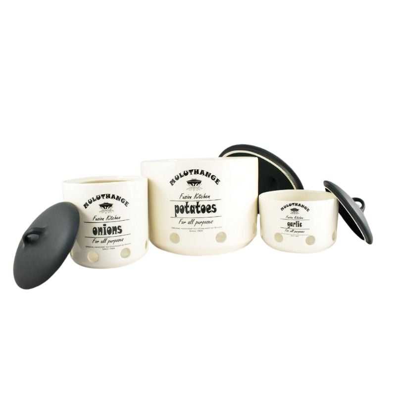 Set of Muluthange ceramic storage jars labeled for onions, potatoes, and garlic, ideal for organized kitchen food storage.