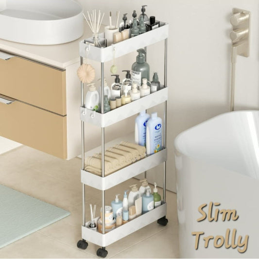 Slim Storage Trolley fits tight spaces in bathroom setup, holding toiletries and essentials on four-tier mobile cart with wheels.