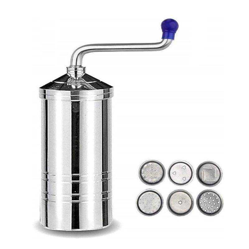 Stainless steel String Hopper Murukku Maker with 6 precision blades for shaping traditional South Asian snacks in kitchen and dining use.