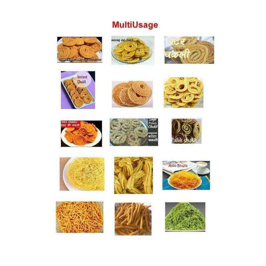 Multi-usage chart of Best String Hopper Murukku Maker with 6 Blades Sri Lanka, displaying various snacks like chakli, sev, and aloo bhujia.