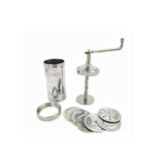 String Hopper Murukku Maker with 6 Blades disassembled, showing internal screw mechanism and multiple disc options for versatile kitchen use.