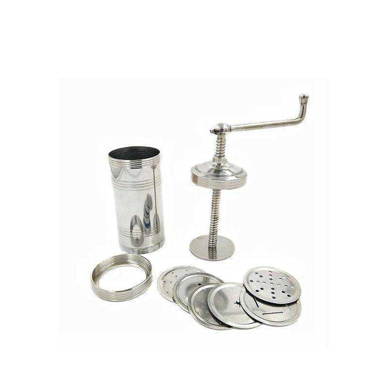 String Hopper Murukku Maker with 6 Blades disassembled, showing internal screw mechanism and multiple disc options for versatile kitchen use.