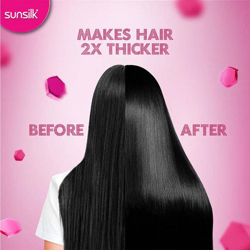 Sunsilk Hair Conditioner Pink before and after results showing 2x thicker hair, highlighting its effectiveness in hair care and personal beauty.