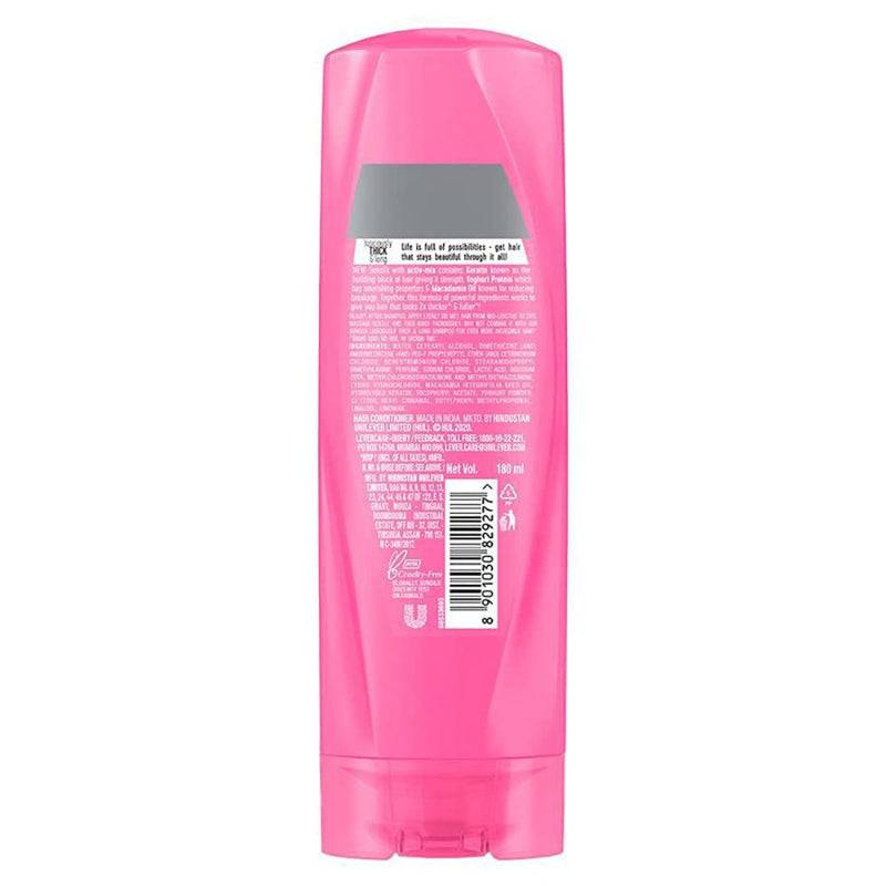 Back view of Sunsilk Thick & Long Conditioner 180ml showing ingredients and usage details, perfect for health and beauty hair care needs.