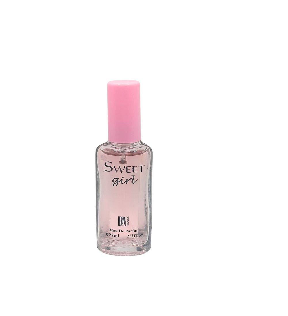 Sweet Girl Perfume 22ml for Women in a compact clear bottle with pink cap, perfect pocket perfume for on-the-go freshness.