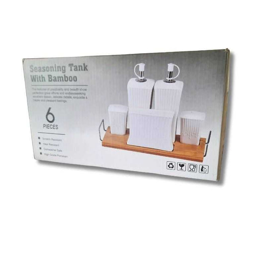 Box packaging of 6PCS Seasoning Set with Bamboo Tray showing ceramic condiment containers and bamboo tray, ideal for stylish kitchen storage.