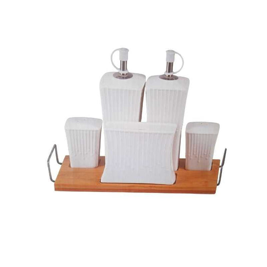 6PCS Seasoning Set with Bamboo Tray featuring white ceramic oil dispensers, shakers, and jars on a wooden base for elegant dining organization.