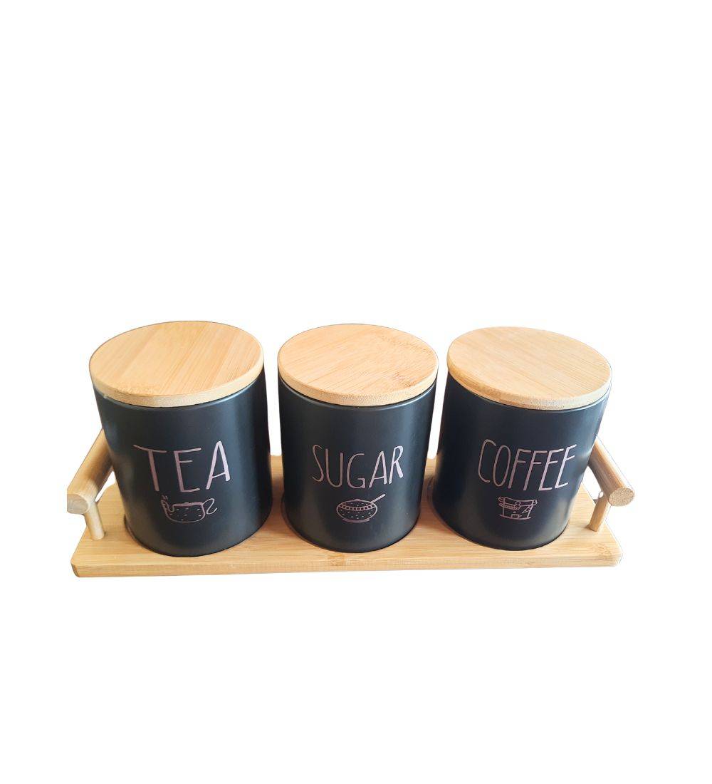 Black Canisters - Coffee Tea Sugar | 3 Pcs, Wooden Lid set with ceramic containers and bamboo tray for kitchen storage and countertop organization.