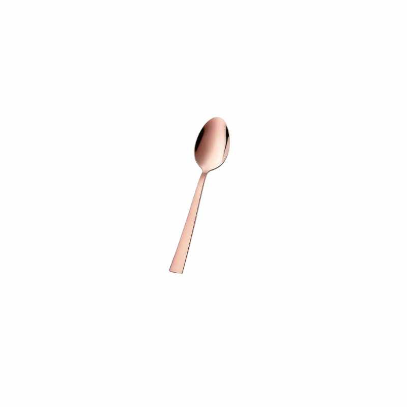 Single rose gold stainless steel tea spoon from 6pc set, showcasing modern elegance and durable construction for daily use.