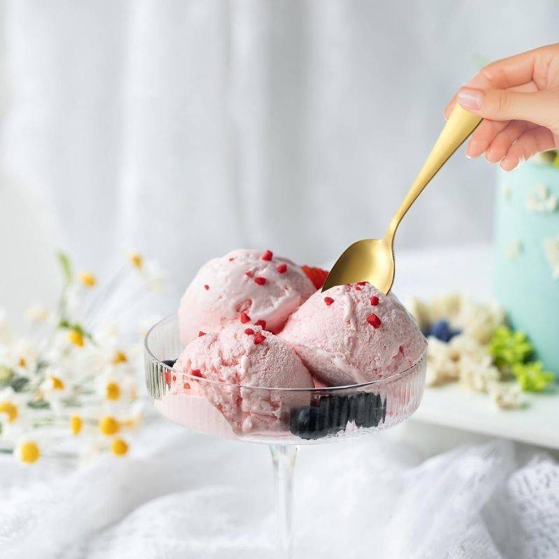 Gold Tea Spoon Set - Gold Tea Spoons | 6 PCs Stainless Steel used to scoop pink ice cream in a glass dessert bowl, ideal for elegant dining.