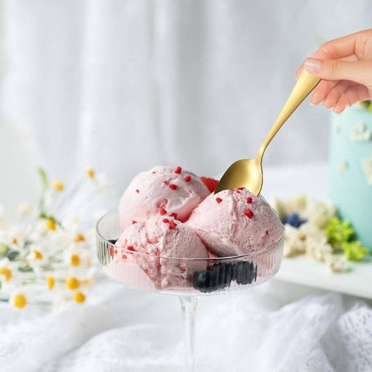 Gold Tea Spoon Set - Gold Tea Spoons | 6 PCs Stainless Steel used to scoop pink ice cream in a glass dessert bowl, ideal for elegant dining.