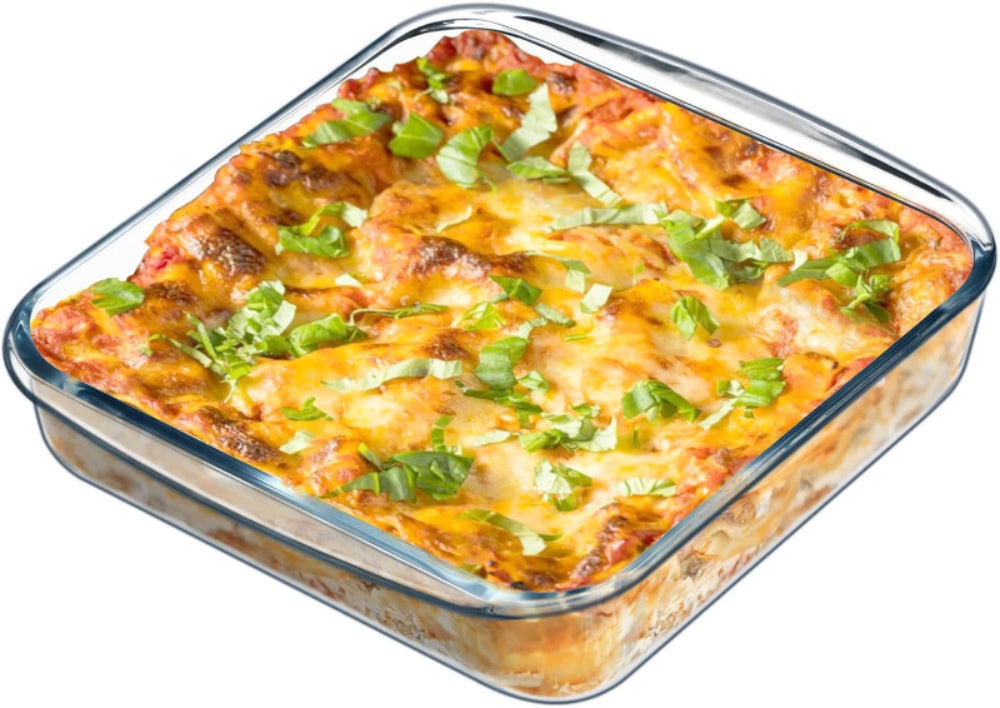 Borosilicate Glass Square Oven Tray filled with baked lasagna topped with cheese and herbs. Premium glass baking dish for home cooking.