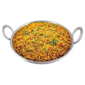 Aluminum Frying Pan Thachi No 4 filled with cooked rice, showcasing its 7.5-inch capacity for efficient home cooking.