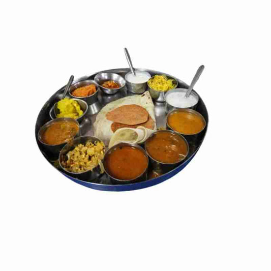Large Stainless Steel Thali Dinner Plate 35 cm filled with assorted Indian dishes, showcasing its ample space for multi-course meals.