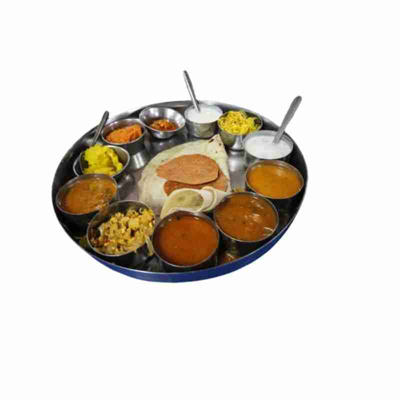 Large Stainless Steel Thali Dinner Plate 35 cm filled with assorted Indian dishes, showcasing its ample space for multi-course meals.