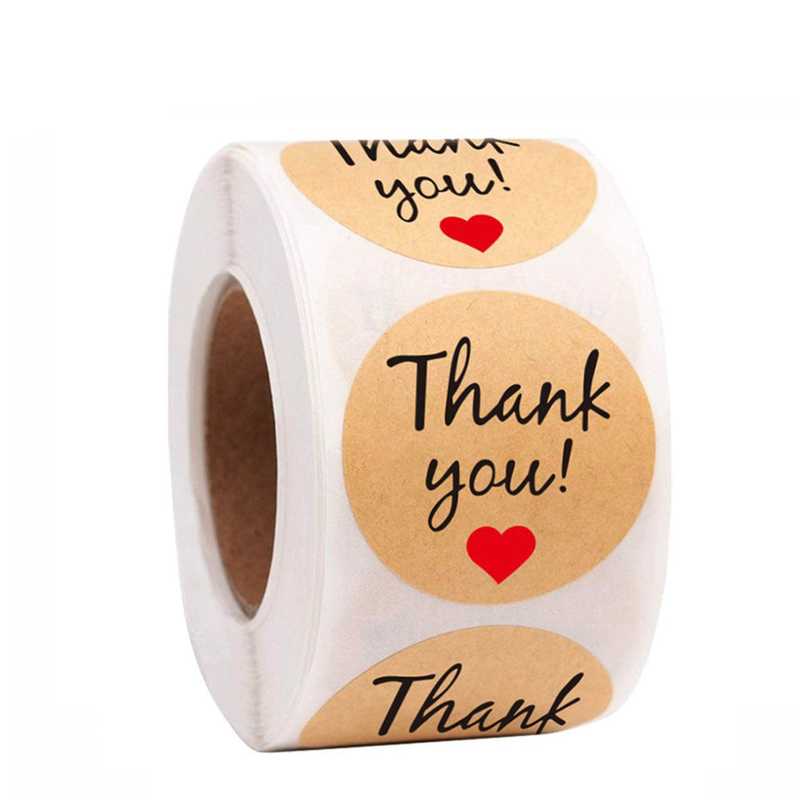 Roll of 500 kraft paper thank you stickers with red heart design, ideal for packing and labeling in office or crafting use.