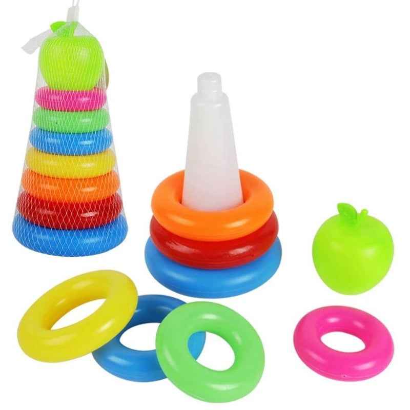 Stacking Toy for Babies featuring Tower Ring Toy with vibrant rings and mesh packaging, perfect for cognitive and hand-eye coordination growth.