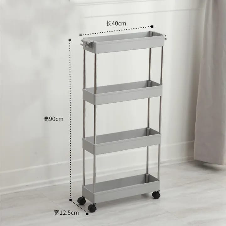 Slim Storage Trolley fits tight spaces with 90cm height, 40cm length, and 12.5cm width, shown empty to highlight compact design.