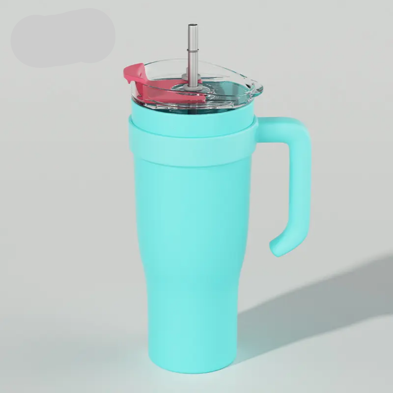 Turquoise tumbler with handle and straw on a light gray background