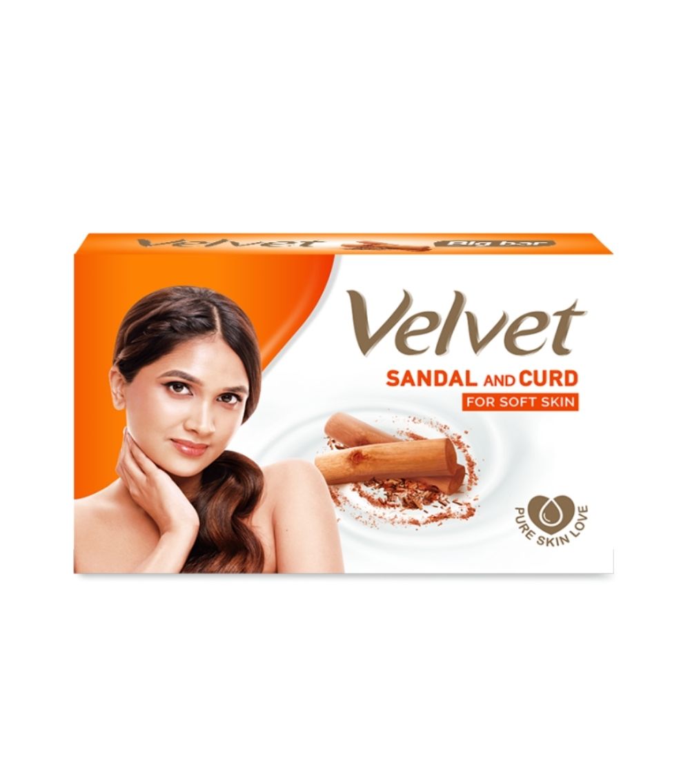 Velvet Sandal & Curd Soap 95g bar with soft skin formula, featuring sandalwood and curd ingredients. Buy online in Sri Lanka for gentle cleansing.