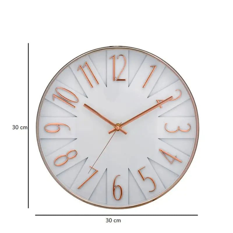 Modern Rose Gold Wall Clock 11.5" with 30 cm diameter, featuring elegant raised numbers and quartz movement for precise timekeeping.