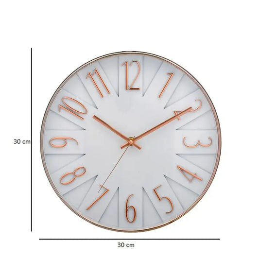 Modern Rose Gold Wall Clock 11.5" with 30 cm diameter, featuring elegant raised numbers and quartz movement for precise timekeeping.