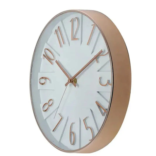 Side angle of Rose Gold Wall Clock 11.5" highlighting its deep rose gold frame and minimalist design for modern home decor.