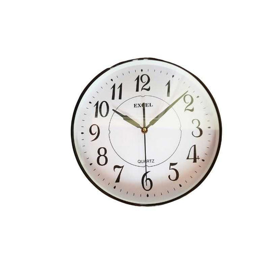 Round plastic wall clock with white background and black numerals, 11-inch size, classic design for home decor. Features quartz movement for accuracy.